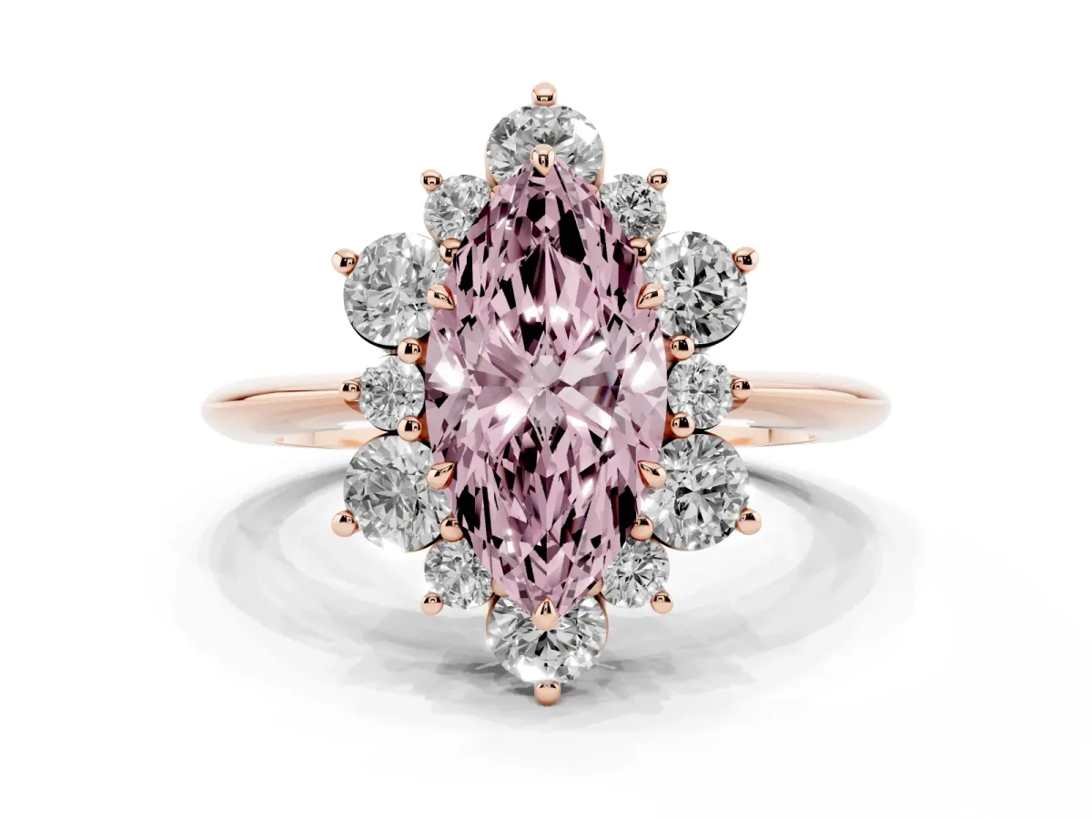 Fancy Pink Marquise Cut Diamond Cluster Halo Ring with Solitaire Band and Four-Prong Setting Rose gold