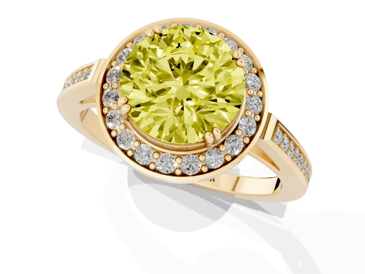 Fancy Yellow Round Cut Diamond Halo Ring with Split Shank and Four-Prong Setting Yellow gold