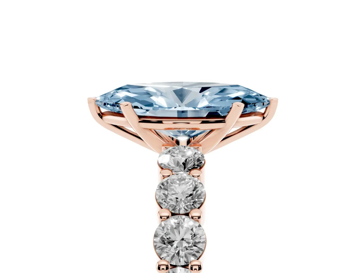 Fancy Blue Marquise Cut Diamond Solitaire Ring with Shared Prong Round Side Stones Rose gold