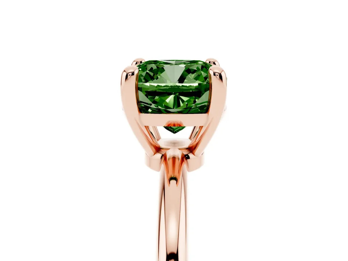 Fancy Green Cushion Cut Solitaire Diamond Ring with 4-Prong Setting on a Classic Band Rose gold