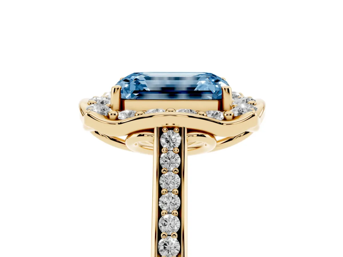 Fancy Blue Emerald Cut Halo Round Diamond Pave Band with Four-Prong Setting Yellow gold