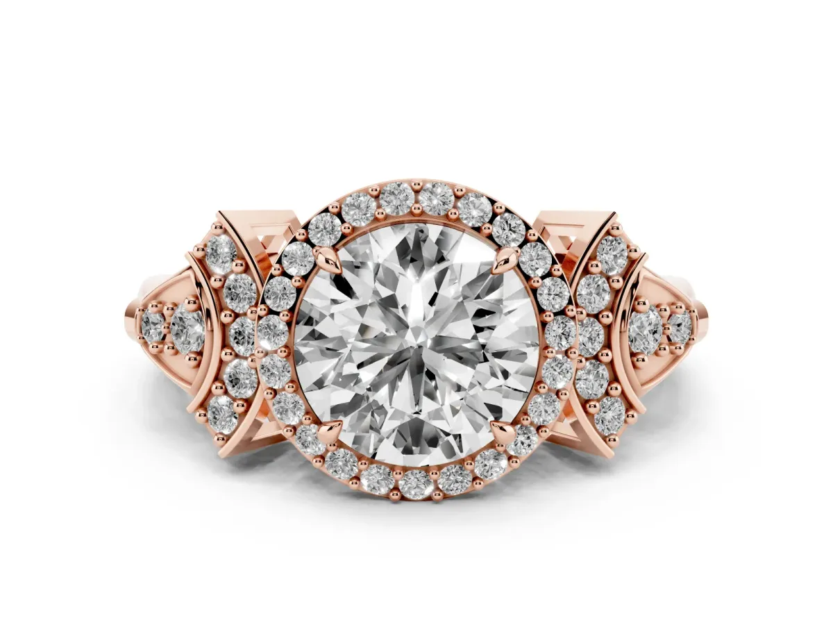 Round Cut Halo Diamond Split Shank Engagement Ring with Four-Prong Setting Rose gold