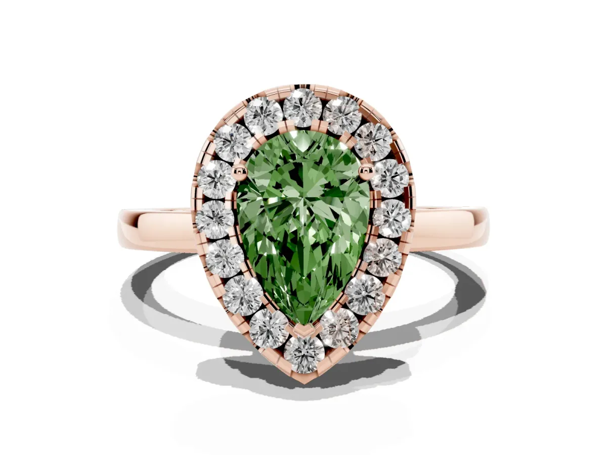 Fancy Green Pear Cut Halo Diamond Solitaire with Pavé Band and Four-Prong Setting Rose gold