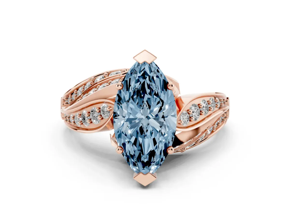 Fancy Blue Marquise Cut Diamond Solitaire Ring with Prong Setting and Twisted Pavé Band Rose gold