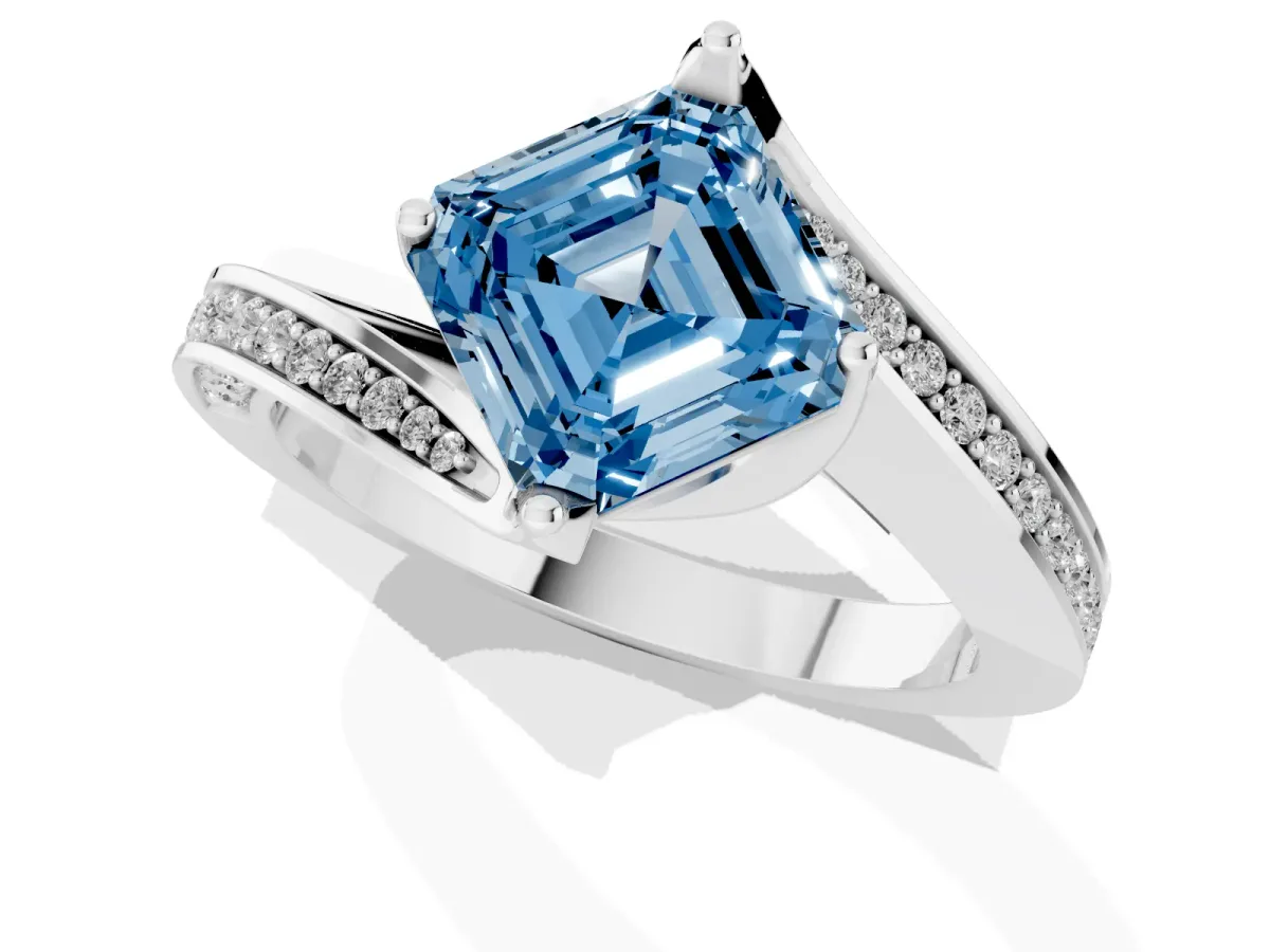 Fancy Blue Asscher Cut Solitaire Diamond Twist Band with Pavé Setting and Four-Prong Setting Platinum