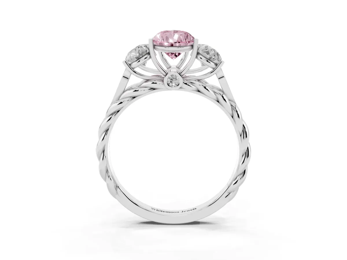 Fancy Pink Three-Stone Pear Cut Diamond Braided Band Ring with Four-Prong Setting Platinum