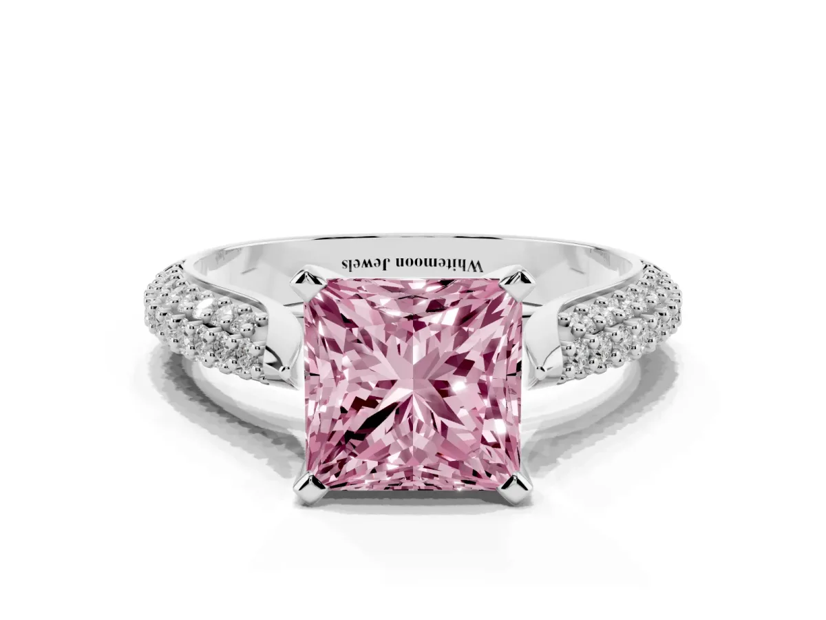 Fancy Pink Princess Cut Diamond Solitaire Engagement Ring with Multi-Row Round Pavé Band and Prong Setting Silver