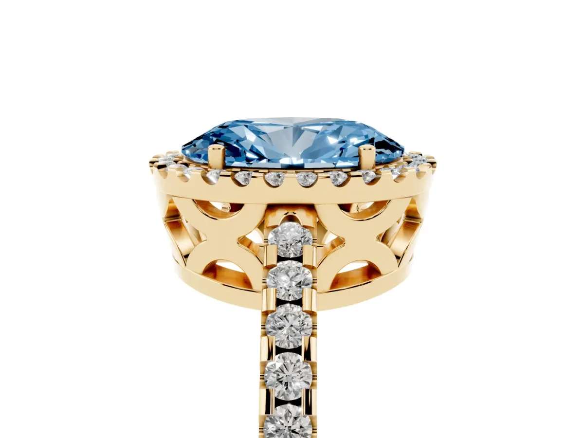 Fancy Blue Oval Cut Diamond Halo Engagement Ring with Pavé Band and Prong Setting Yellow gold