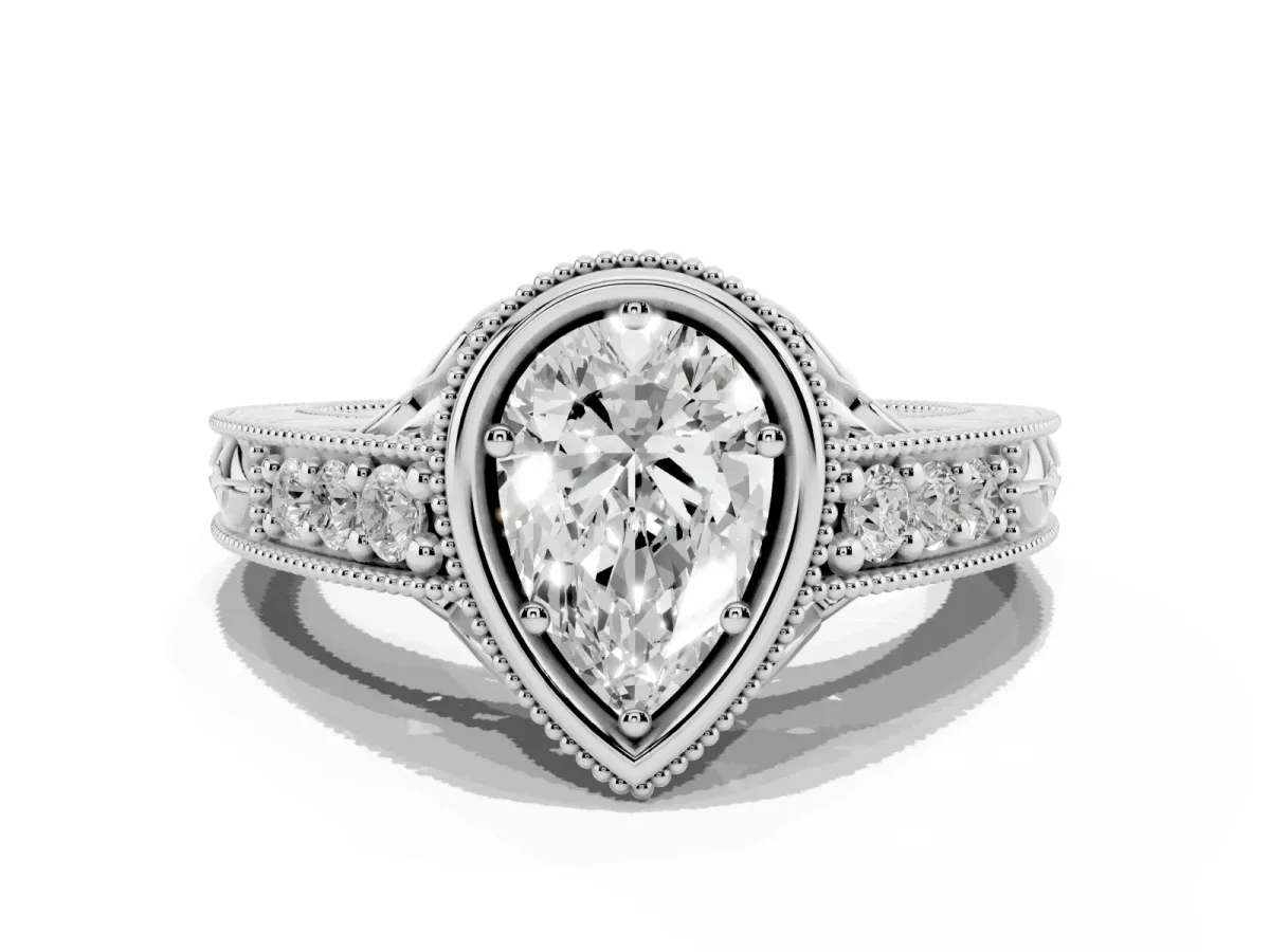 Bezel Set Pear Cut Diamond Milgrain Pave Engagement Ring Silver