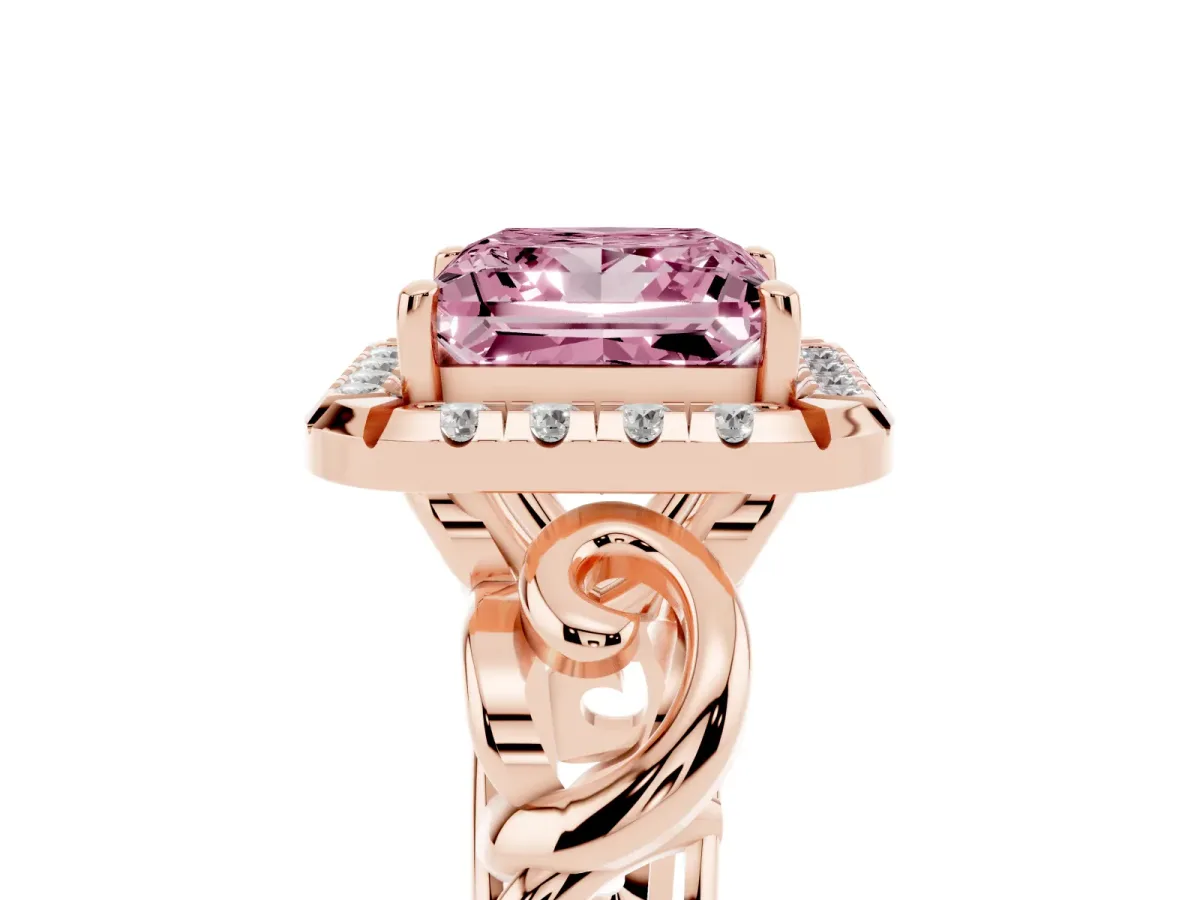 Fancy Pink Princess Cut Cut Halo Diamond Ring with Scrollwork Band and Four-Prong Setting Rose gold