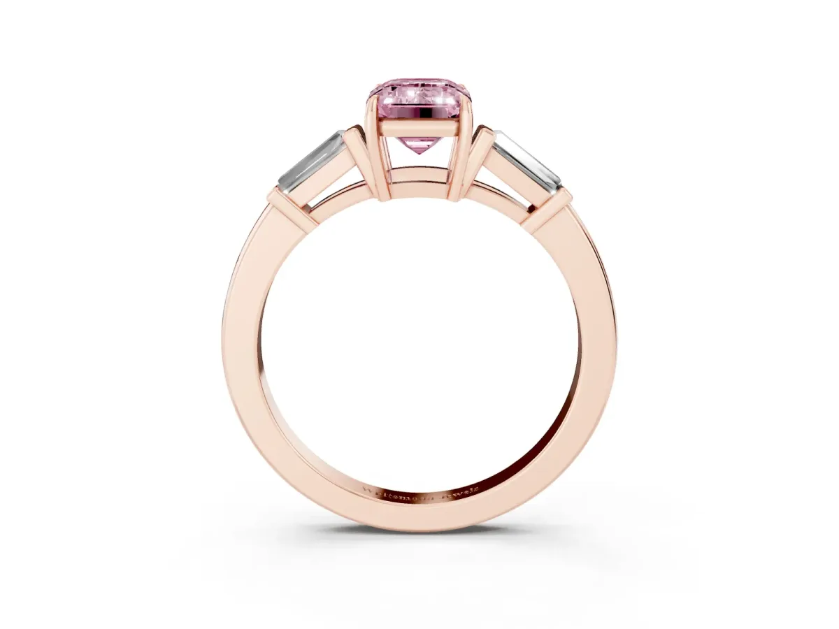 Fancy Pink Emerald Cut Diamond Three-Stone Ring with Tapered Baguette Side Stones and Prong Setting Rose gold