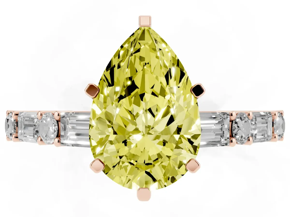 Fancy Yellow Pear Cut Diamond Solitaire with Side Baguettes and Channel Set Band Rose gold