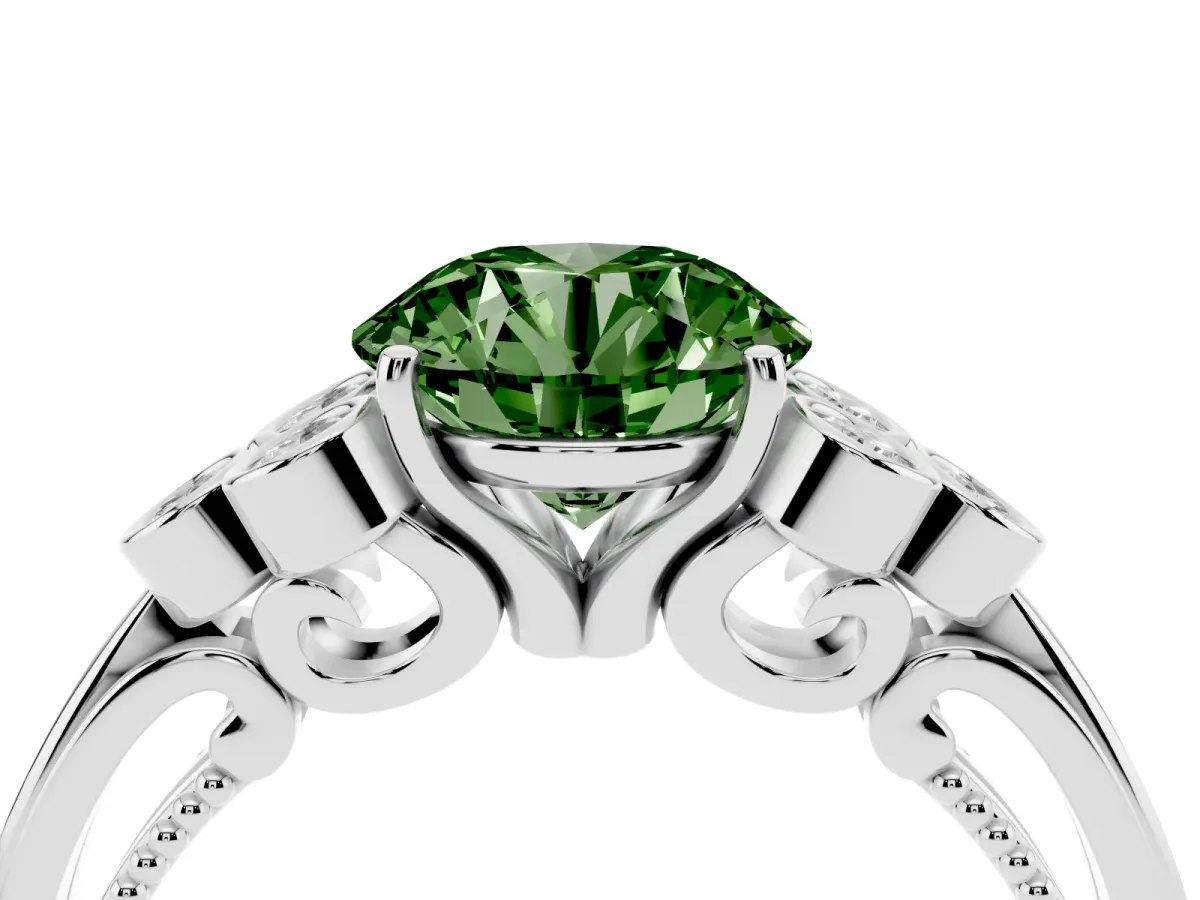 Fancy Green Round Cut Cut Diamond Engagement Ring with Bezel Set Round Side Stones and Prong Setting Platinum
