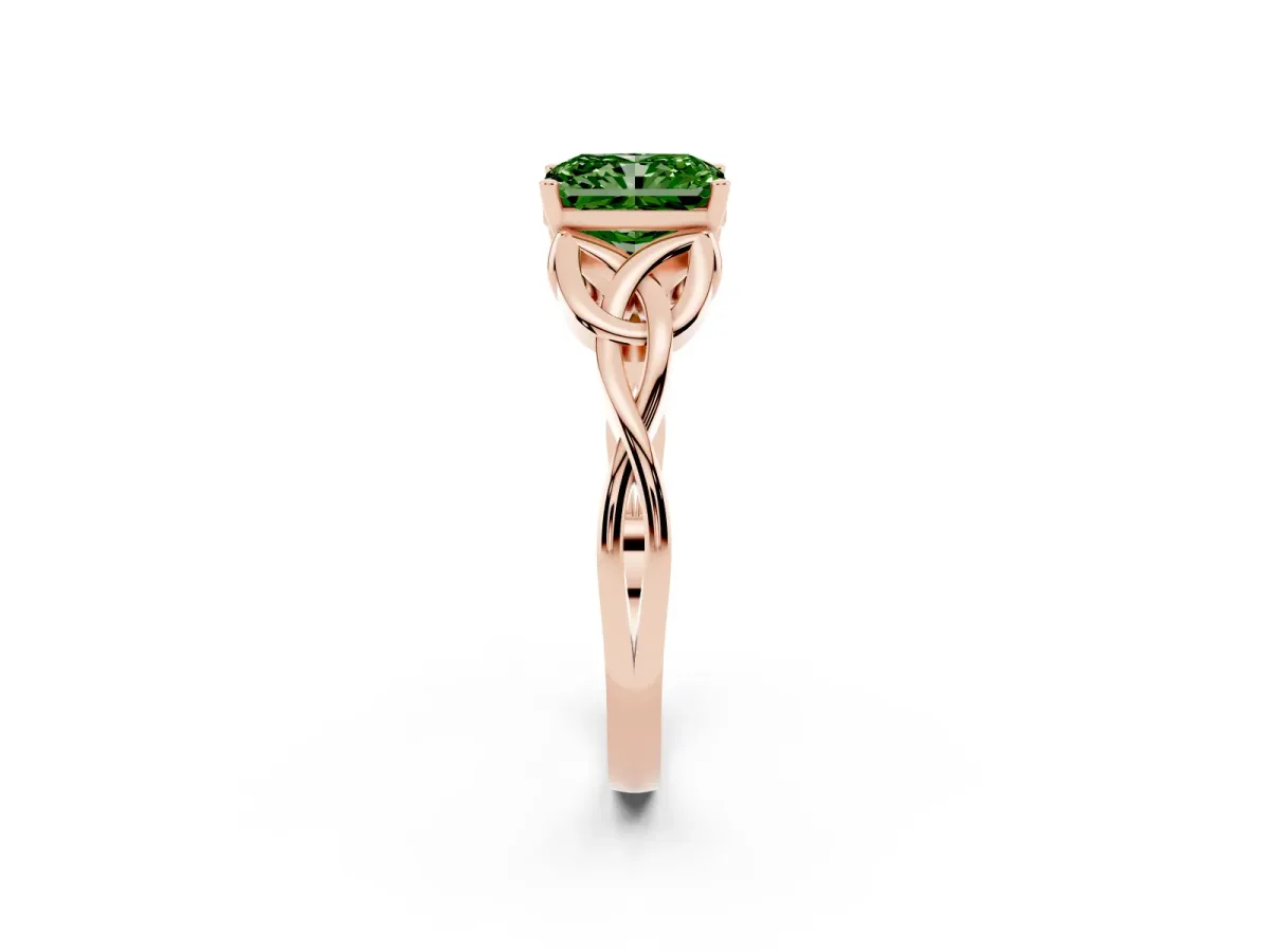 Fancy Green Radiant Cut Diamond Solitaire Engagement Ring with Celtic Knot Band and Four-Prong Setting Rose gold