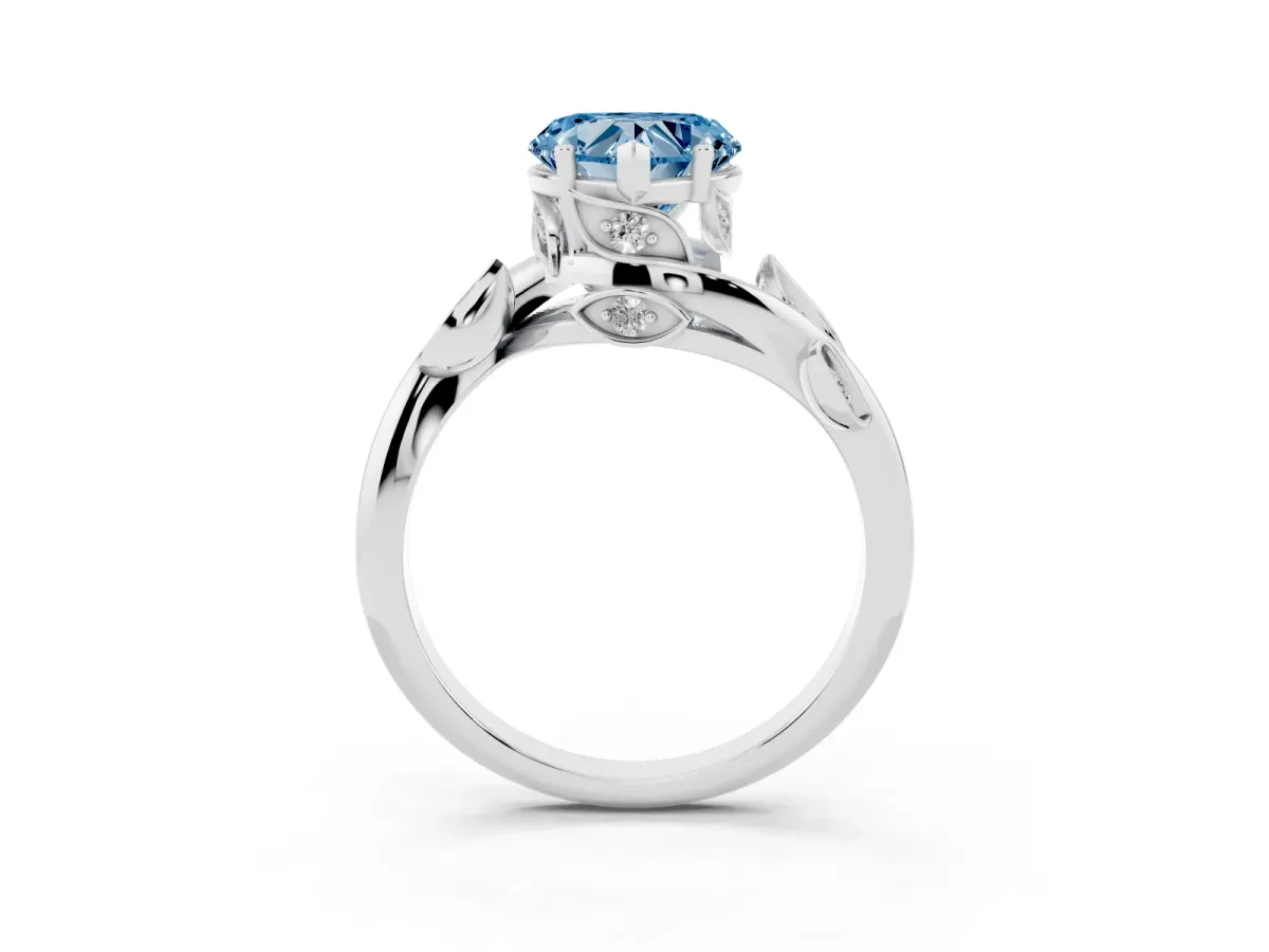 Fancy Blue Heart Cut Solitaire Twist Engagement Ring with Leaf Accents and Prong Setting White gold