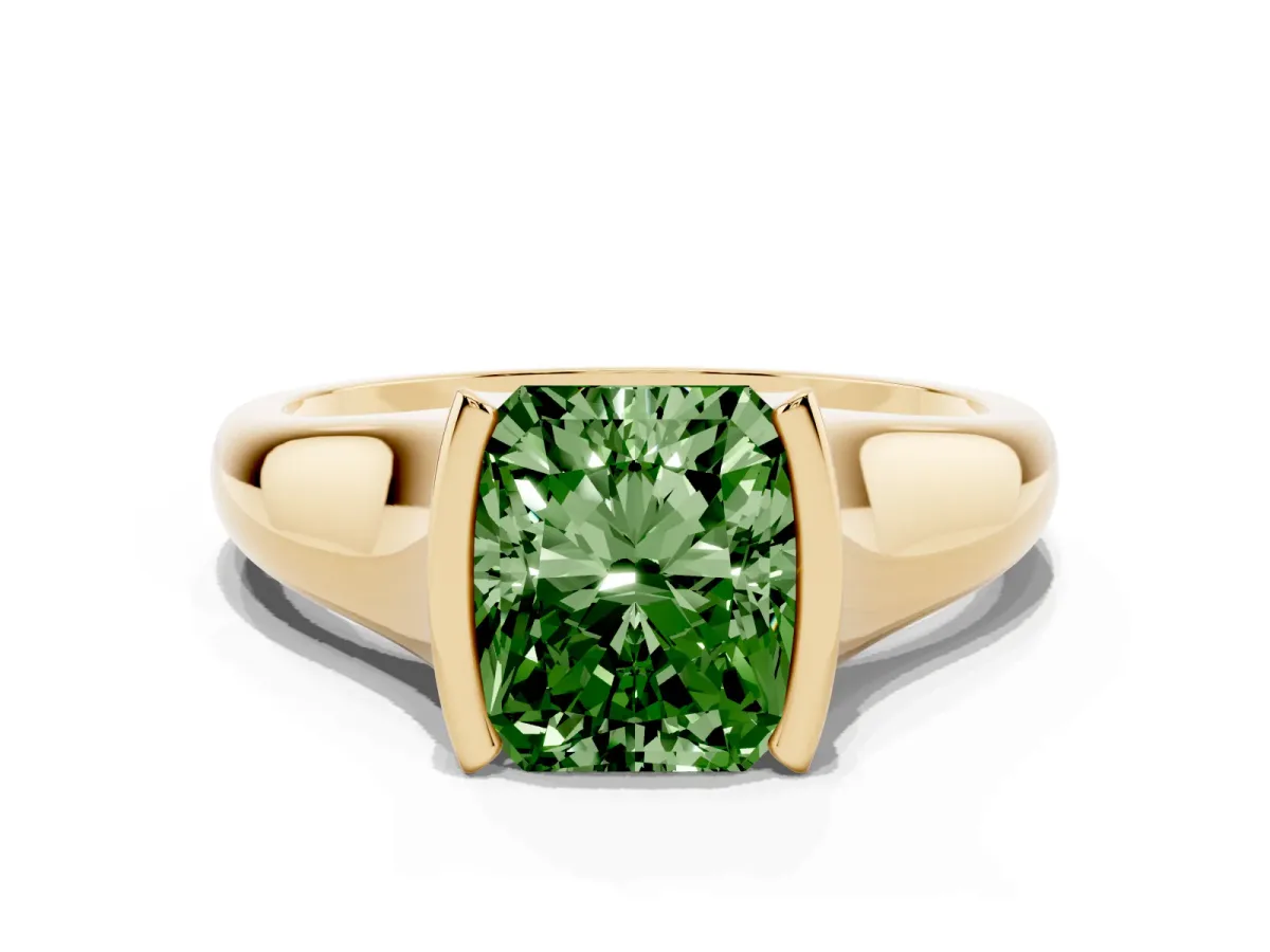 Fancy Green Radiant Cut Solitaire Tension Set Diamond Ring with Split Shank Band Yellow gold