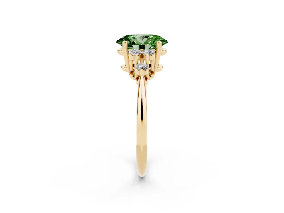 Fancy Green Oval Cut Cut Diamond Cluster Ring with Solitaire Band and Four-Prong Setting Yellow gold