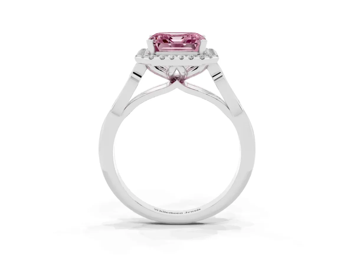 Fancy Pink Asscher Cut Halo Diamond Engagement Ring with Filigree Band and Four-Prong Setting Platinum