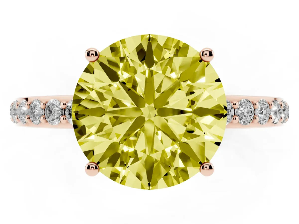 Fancy Yellow Round Cut Diamond Solitaire Ring with Pavé Band and Hidden Halo Rose gold