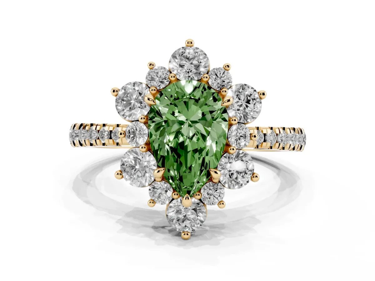 Fancy Green Pear Cut Diamond Floral Halo Ring with Round Pavé Band and Prong Setting Yellow gold