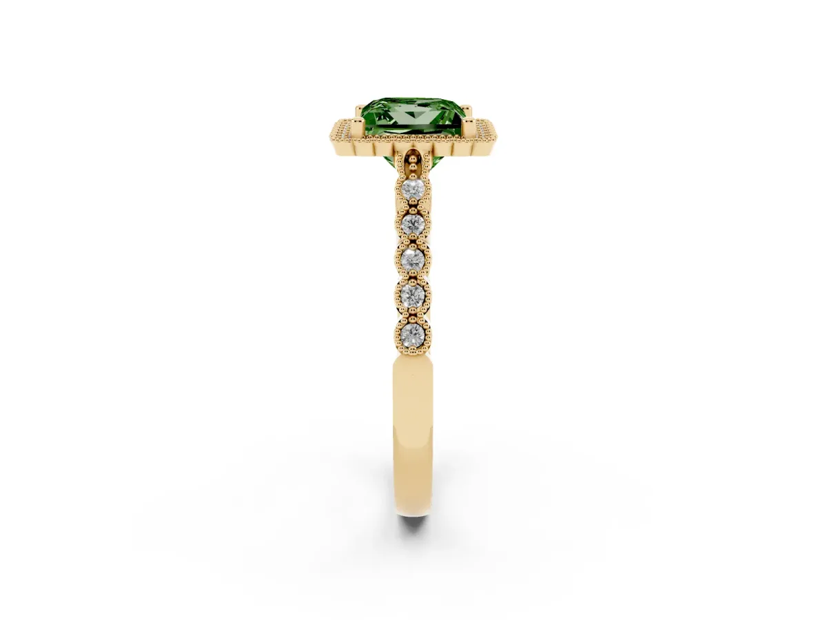 Fancy Green Princess Cut Cut Halo Pavé Solitaire Ring with Milgrain Band Yellow gold