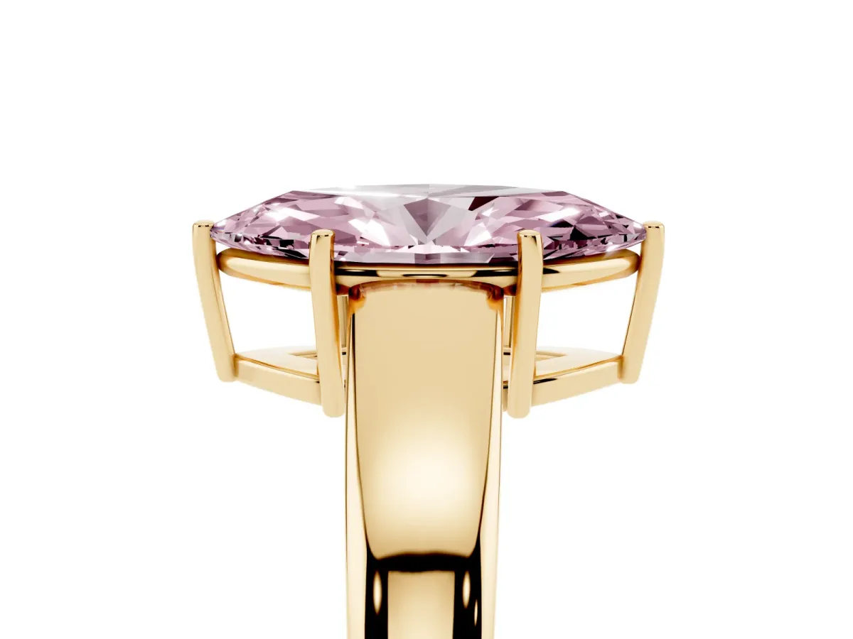 Fancy Pink Marquise Cut Solitaire Diamond Ring with Tapered Band and Four-Prong Setting Yellow gold