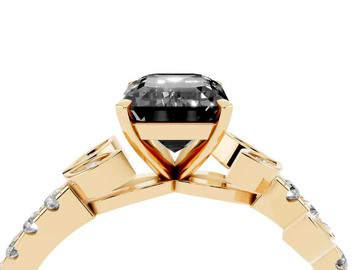 Fancy Black Emerald Cut Solitaire Leaf-Inspired Diamond Ring with Pavé Band and Four-Prong Setting Yellow gold