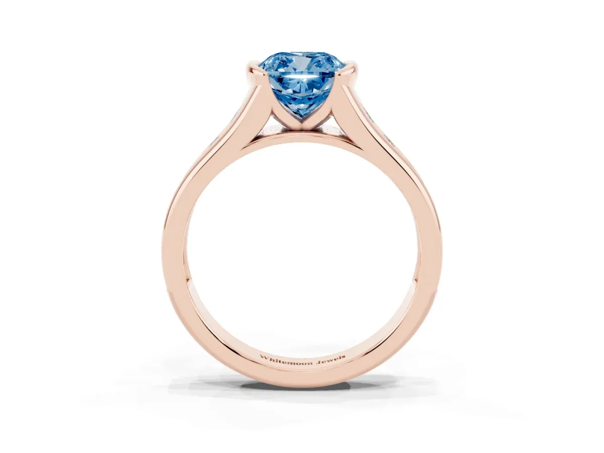 Fancy Blue Cushion Cut Solitaire Bezel-Set Diamond Ring with Channel-Set Band Rose gold