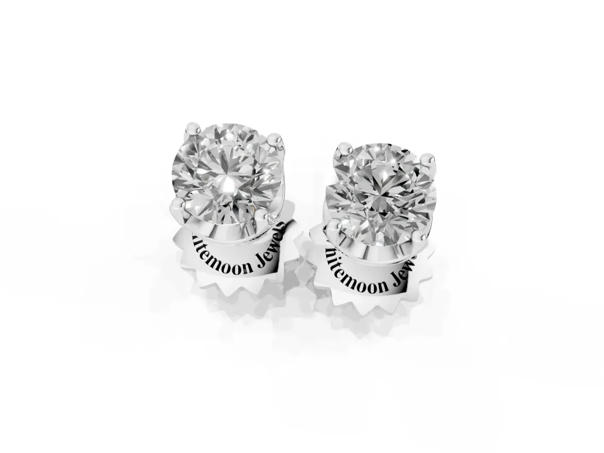 Round Solitaire Diamond Stud Earrings with Four-Prong Basket Setting Silver