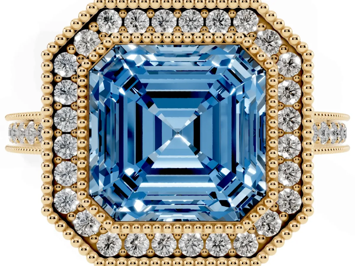 Fancy Blue Asscher Cut Cut Halo Diamond Ring with Pavé Band and Milgrain Prong Setting Yellow gold