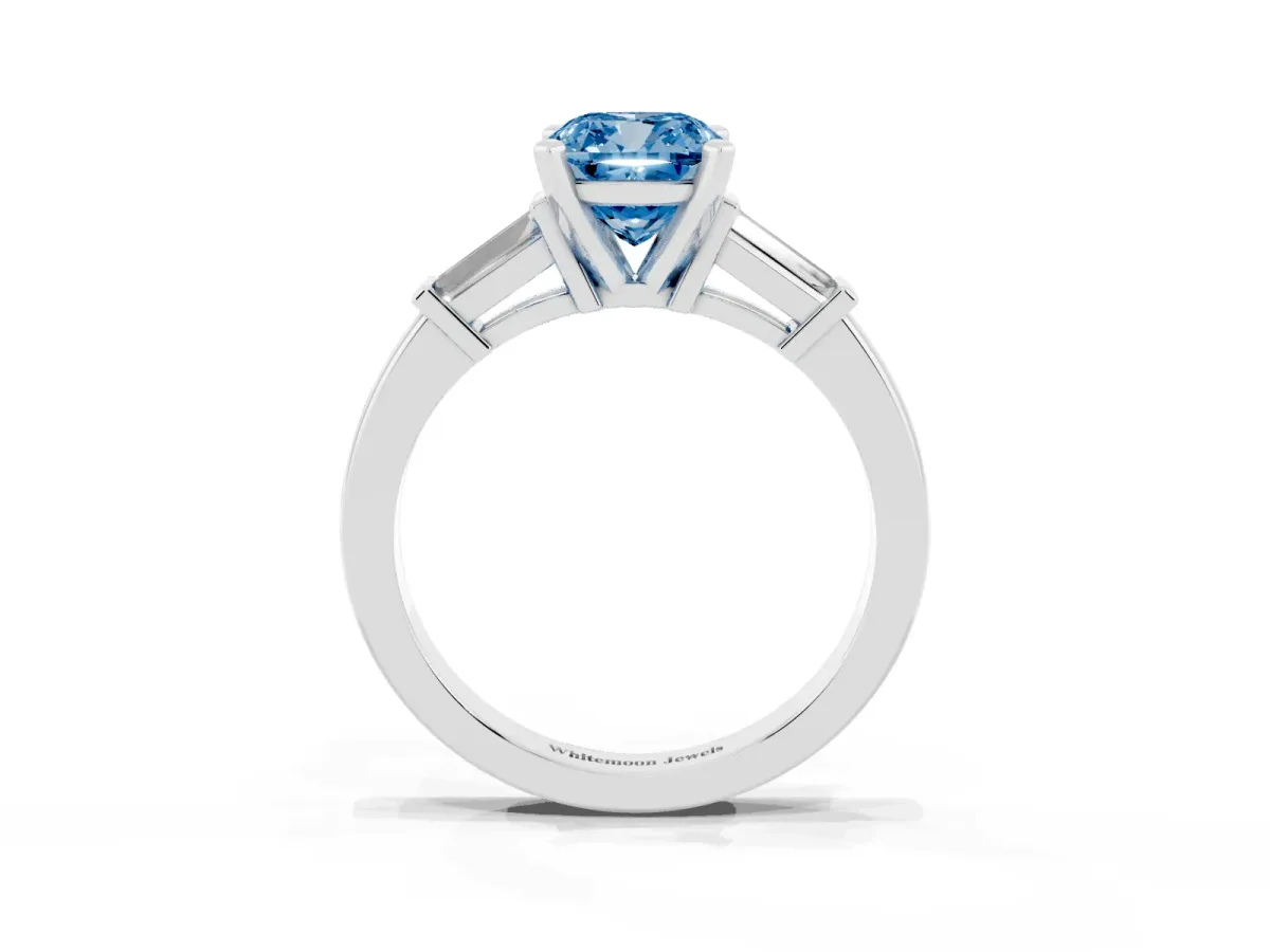 Fancy Blue Cushion Cut Cut Diamond Solitaire Ring with Tapered Baguette Accents and Four-Prong Setting Silver