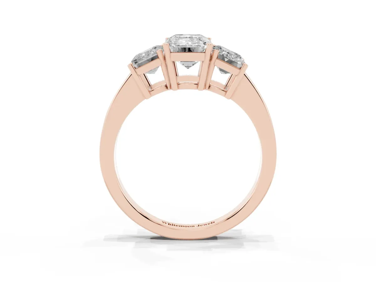 Three-Stone Emerald Cut Cut Diamond Engagement Ring with Flat Band and Four-Prong Setting Rose gold