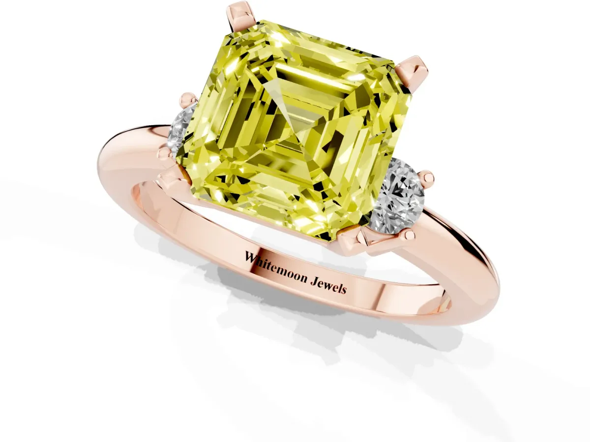 Fancy Yellow Three-Stone Asscher Cut Cut Diamond Solitaire with Prong Setting and Classic Band Rose gold