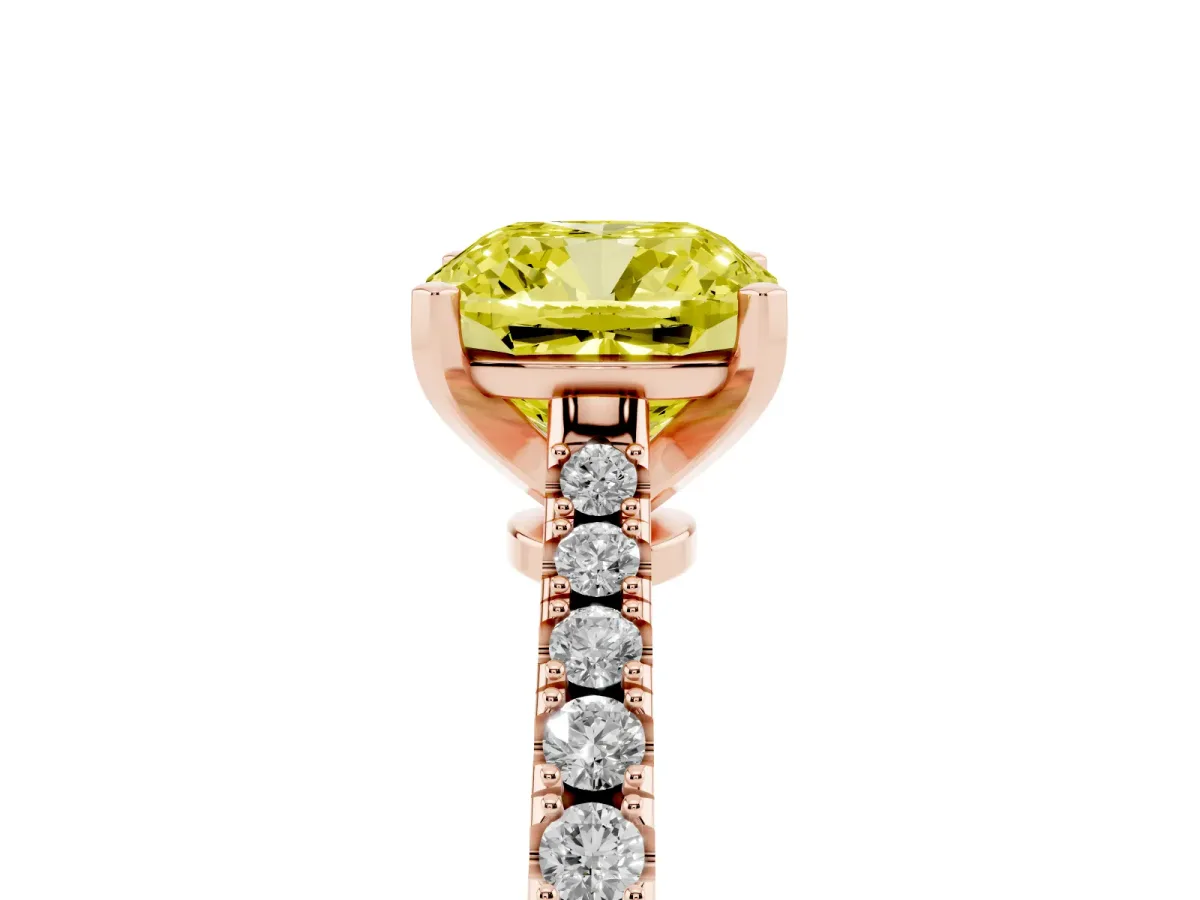Fancy Yellow Cushion Cut Cut Solitaire Diamond Engagement Ring with Pave Band and Four-Prong Setting Rose gold