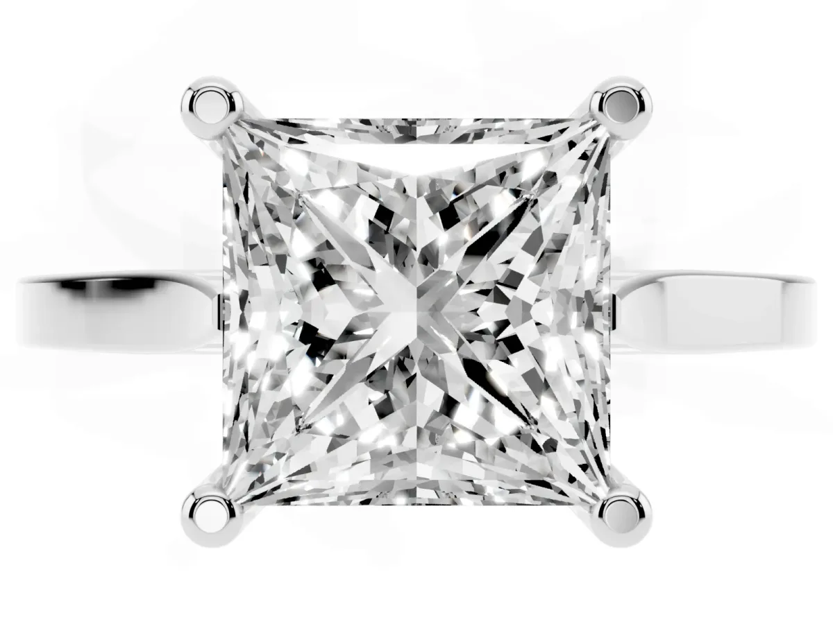Princess Cut Solitaire Diamond Ring with Four-Prong Setting and Tapered Band Silver