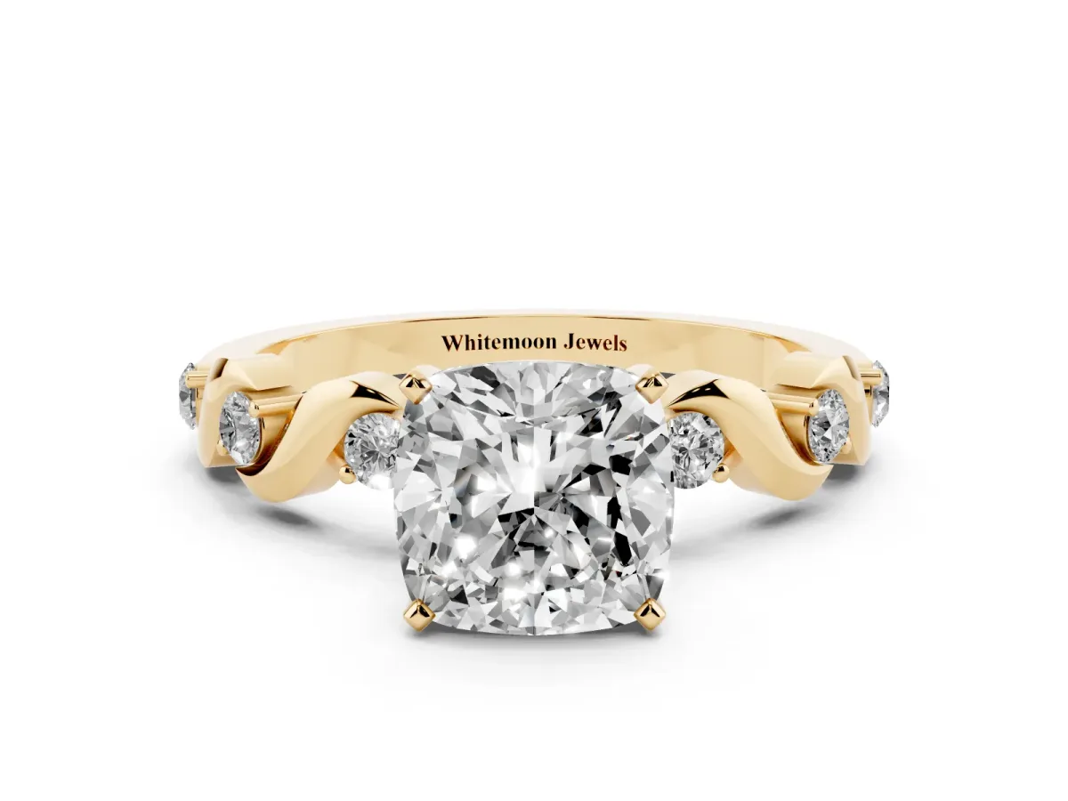 Cushion Cut Diamond Solitaire Twisted Band with Round Accents and Prong Setting Yellow gold
