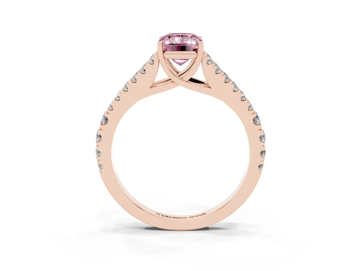 Fancy Pink Emerald Cut Diamond Split Shank Pavé Engagement Ring with Four-Prong Setting Rose gold