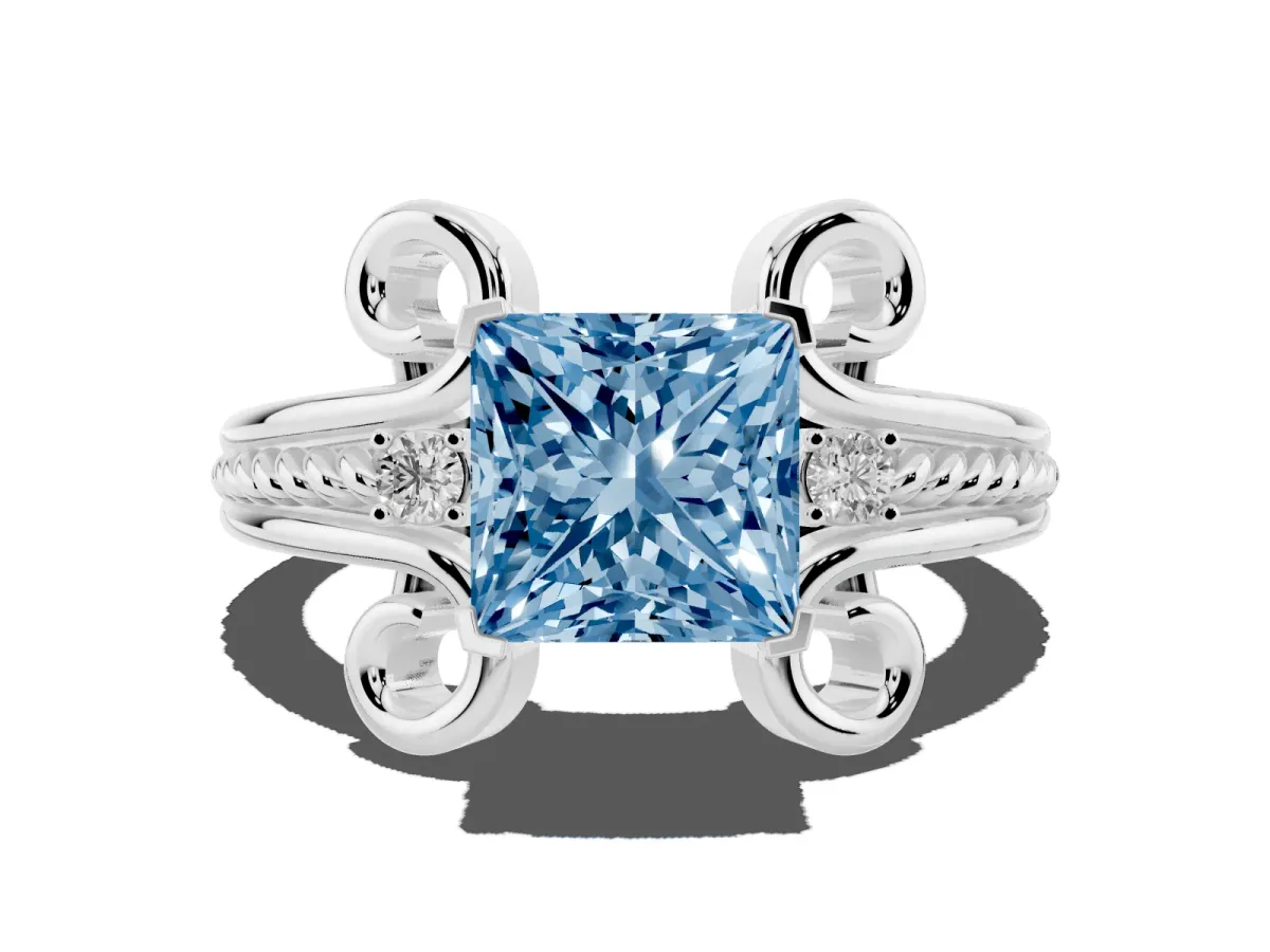 Fancy Blue Princess Cut Solitaire Twisted Band Scroll Prong Ring Silver