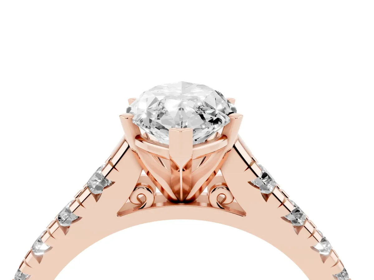 Marquise Cut Diamond Cathedral Solitaire Ring with Round Pavé Band Rose gold