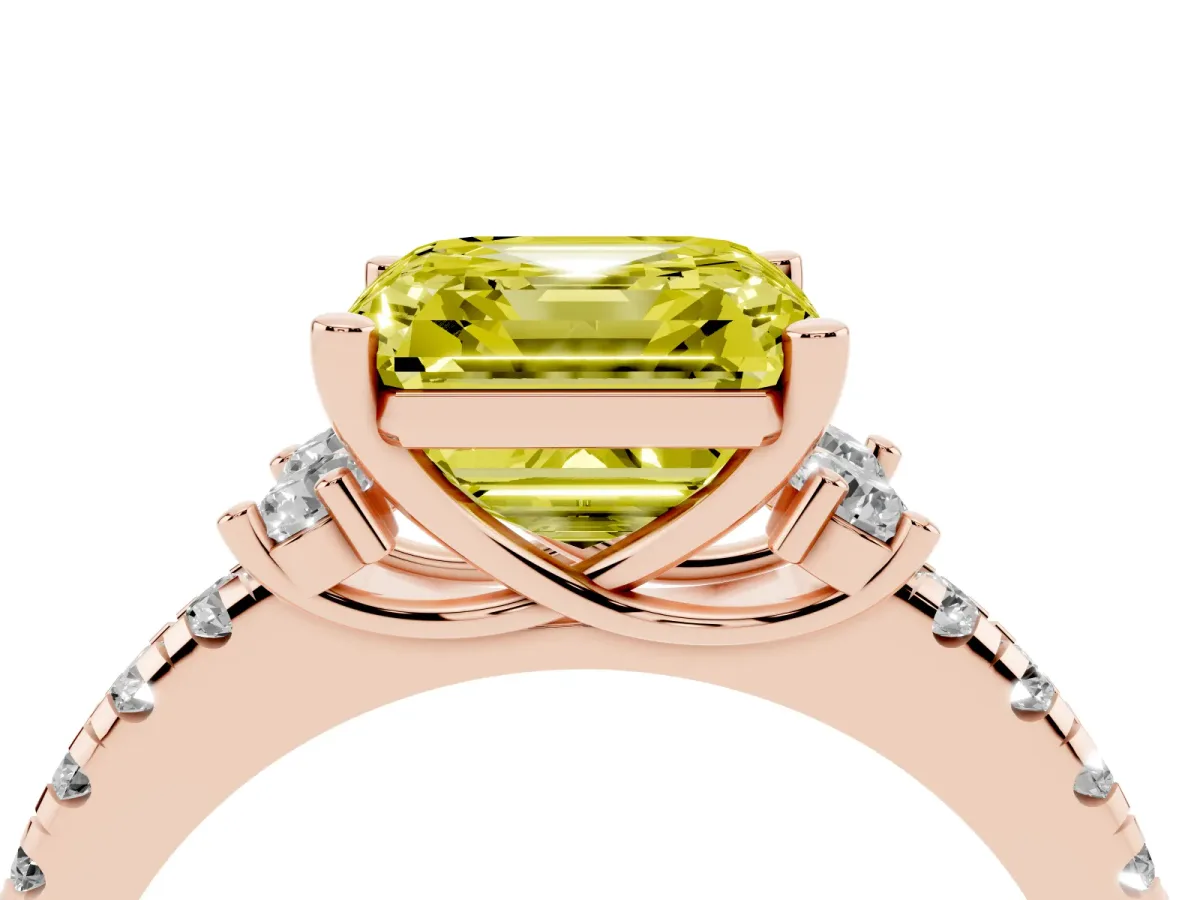 Fancy Yellow Asscher Cut Diamond Three-Stone Pave Band with Four-Prong Setting Rose gold