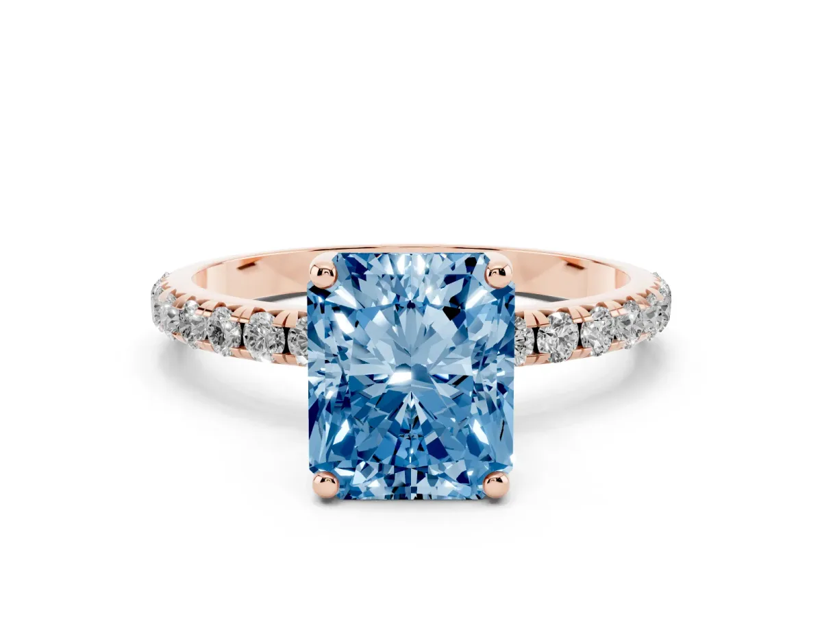 Fancy Blue Radiant Cut Cut Diamond Solitaire Ring with Micro Pave Band and Four Prong Setting Rose gold