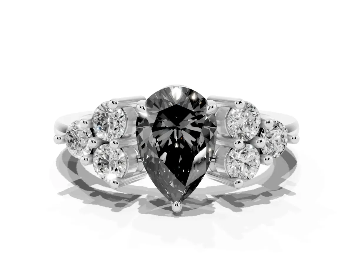 Fancy Black Pear Cut Brilliant Diamond Cluster Accent Solitaire Ring with Prong Setting White gold