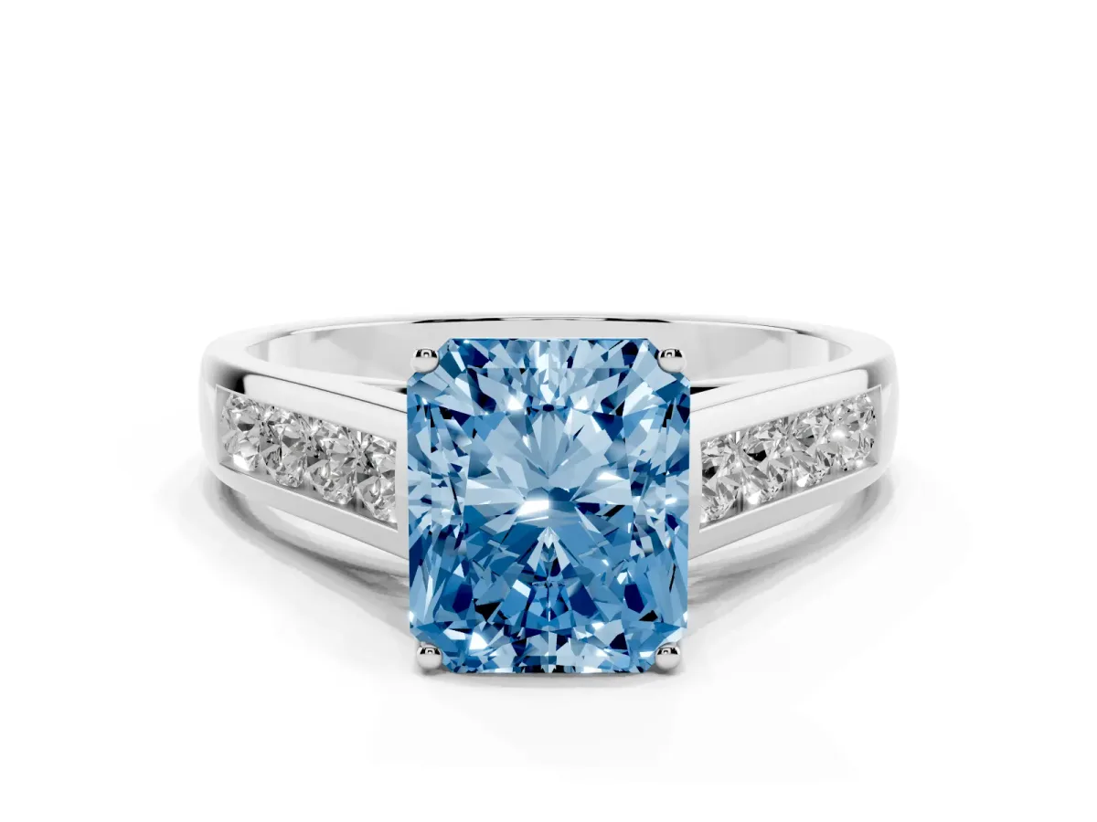 Fancy Blue Radiant Cut Brilliant Channel-Set Solitaire Ring with Four-Prong Setting Silver