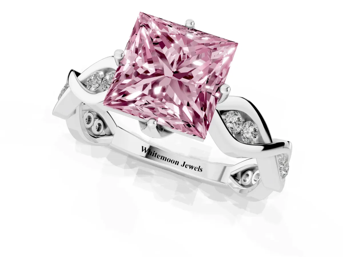 Fancy Pink Princess Cut Solitaire Twist Band with Leaf Prong Setting Silver