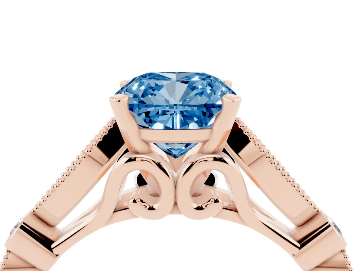 Fancy Blue Cushion Cut Cut Diamond with Milgrain Marquise and Bezel Accents on a Solitaire Band with Prong Setting Rose gold