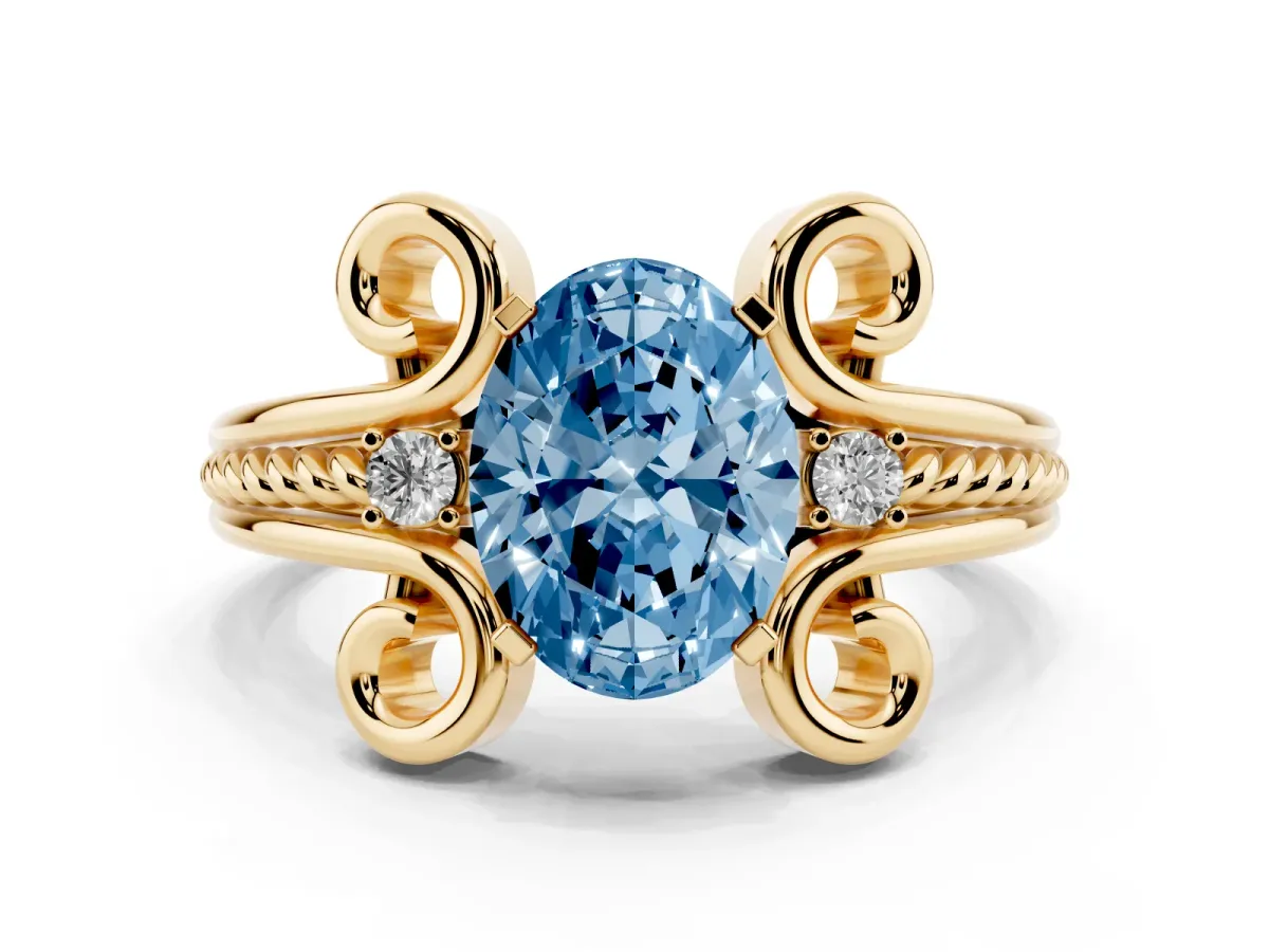 Fancy Blue Oval Cut Solitaire Twisted Band Scroll Prong Ring Yellow gold