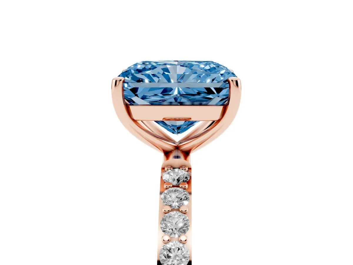 Fancy Blue Radiant Cut Diamond Solitaire Ring with Round Pavé Shoulders and Prong Setting Rose gold