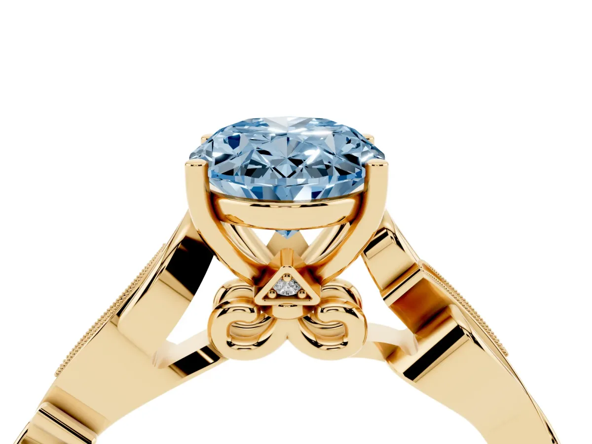 Fancy Blue Oval Cut Solitaire Vine Band with Milgrain Prong Setting Yellow gold