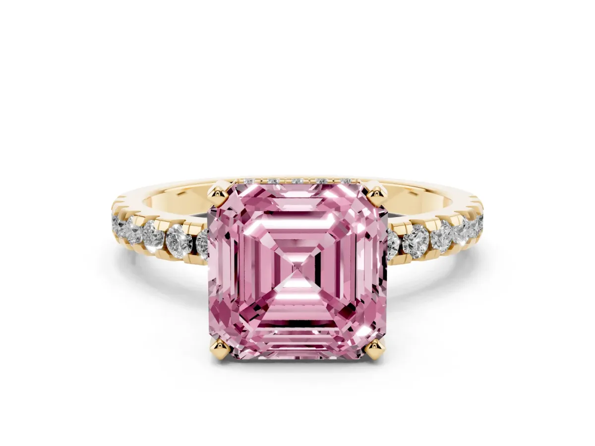 Fancy Pink Asscher Cut Diamond Solitaire Ring with Round Pavé Band and Four-Prong Setting Yellow gold