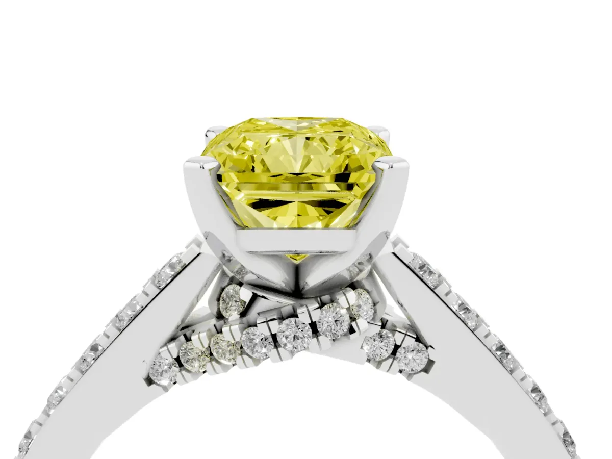 Fancy Yellow Radiant Cut Diamond Solitaire Ring with Crossover Gallery and Round Pavé Band White gold